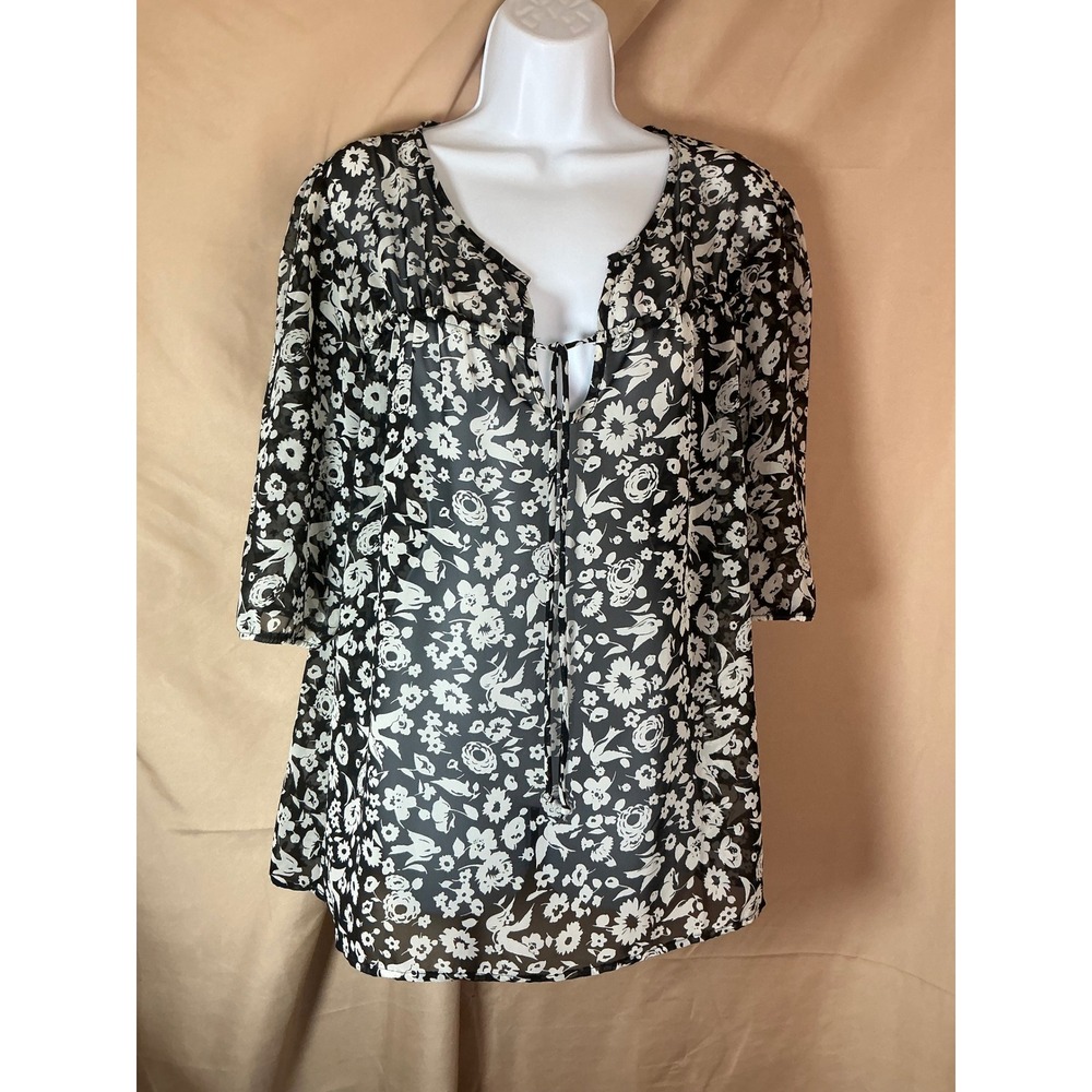 Lily Rose Floral Blouse Women XL Black White Excellent Sheer Tie Neck Bird Print